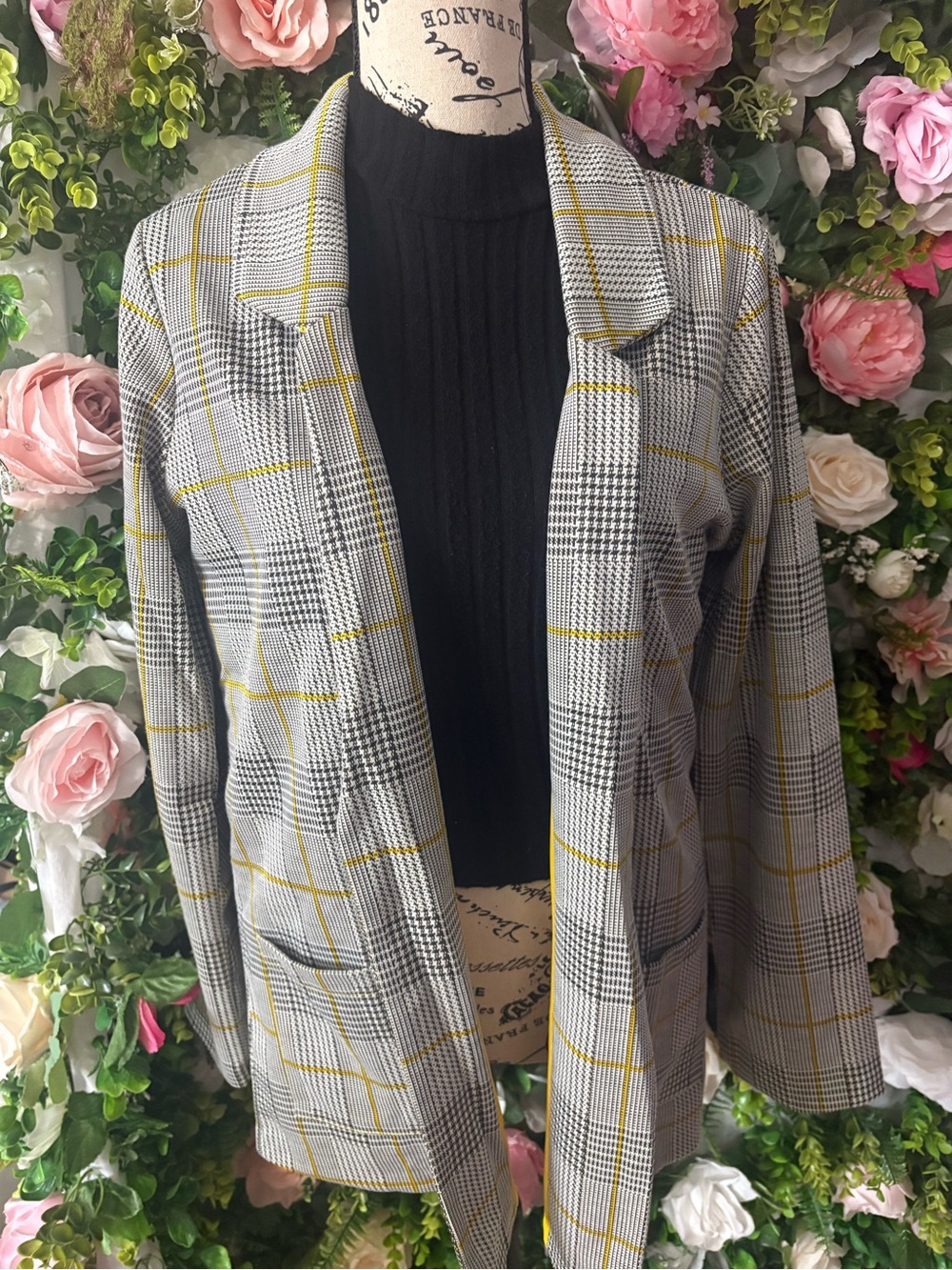 Windowpane Plaid Open-Front Blazer Jacket - Gray with Yellow Accents
